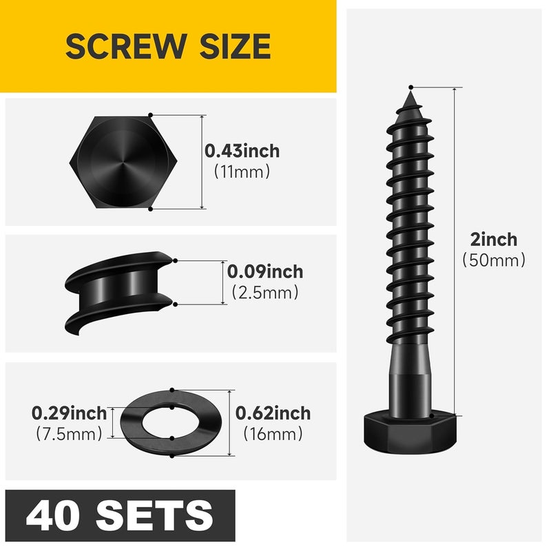 MYWISH (40Sets) 1/4" x 2" Hex Head Lag Bolts, Heavy Duty Lag Screws with Washers, 304 Stainless Steel Bolts 18-8, Lag Screws Wood Screws, Partial Thread Black Oxide, 1/4 Bolt by - Image 2